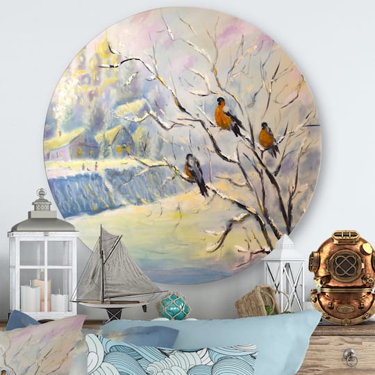 Designart - Rustic Birds On A Tree In Winter Village